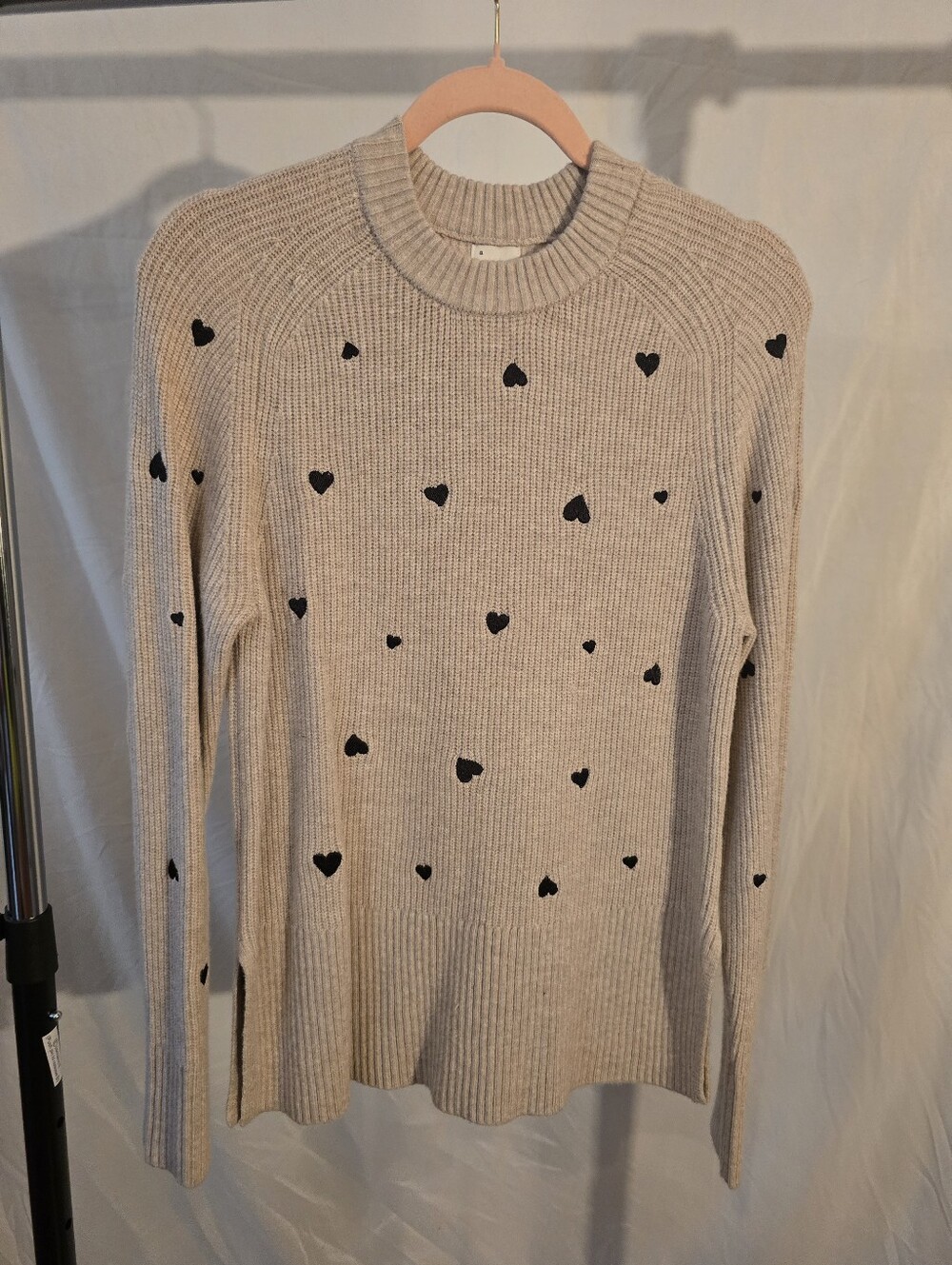 a new day Cream Ribbed Sweater with Black Heart Print